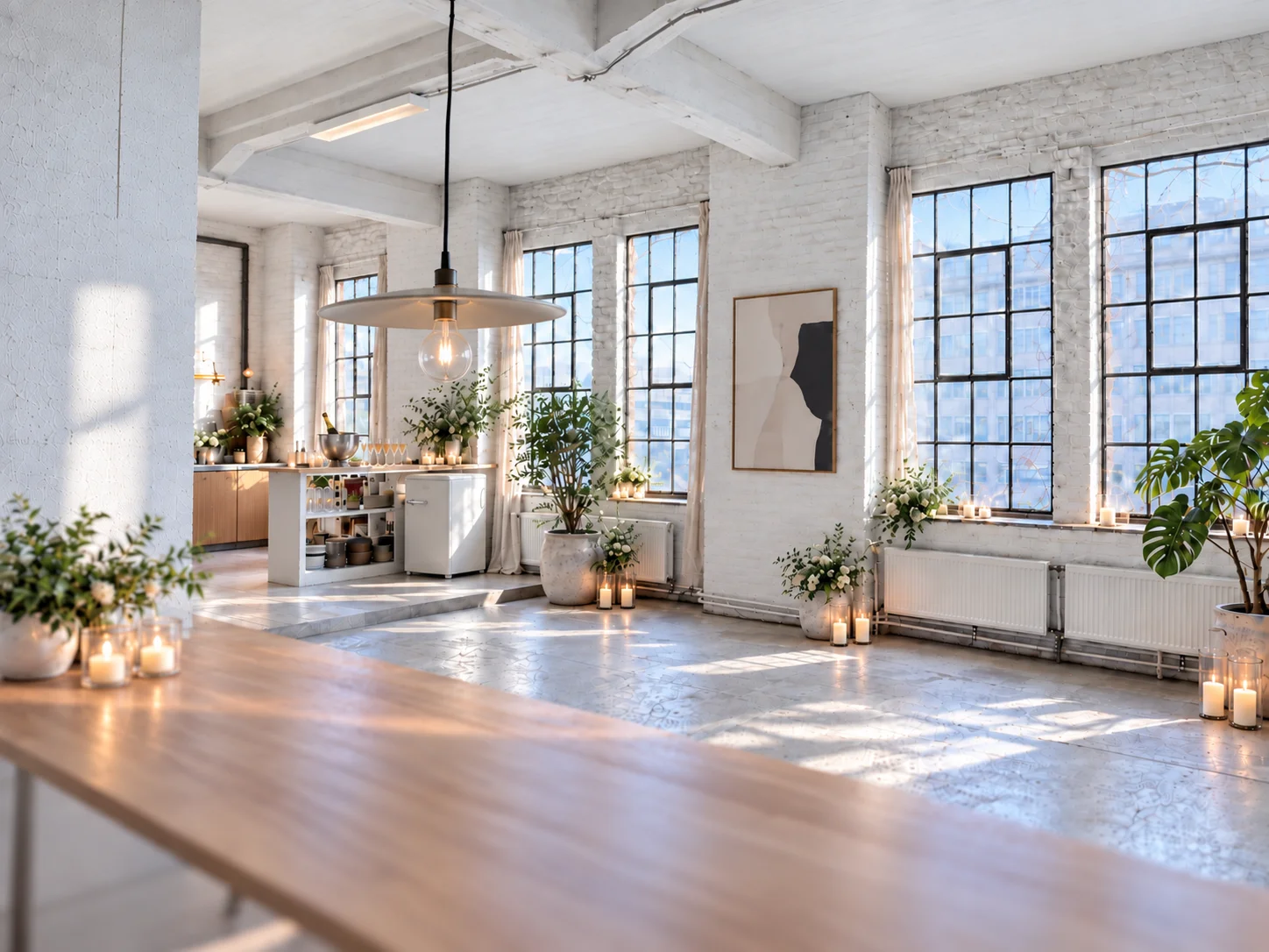 Modern loft with stage with white platform, microphones, guitar and industrial design in Berlin.