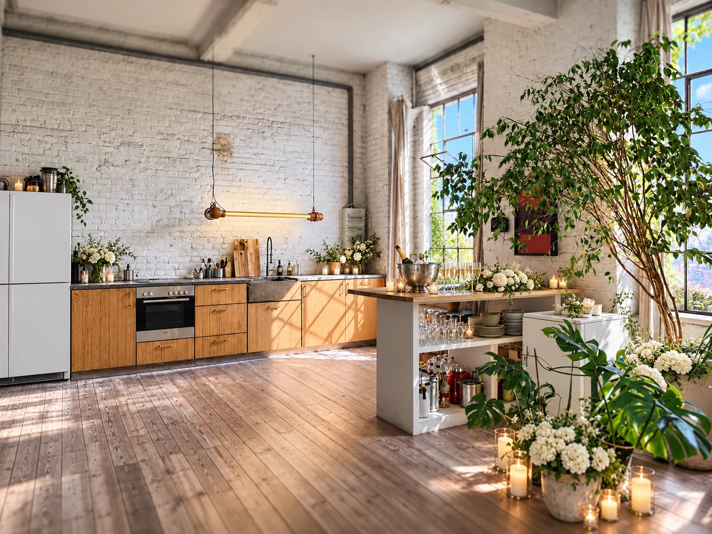 Modern loft with stage with white platform, microphones, guitar and industrial design in Berlin.